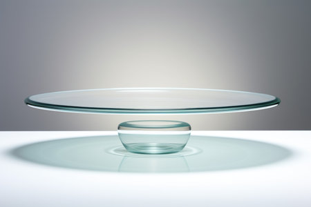 A glass cake plate on a white table. Glass podium, pedestal.の素材
