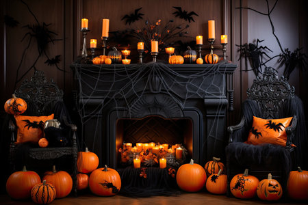 A fireplace with candles and pumpkins in front of it. Halloween interior.の素材