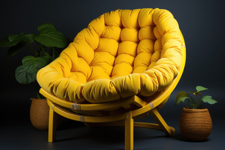 A yellow chair with a potted plant in front of it. Banana chair.の素材