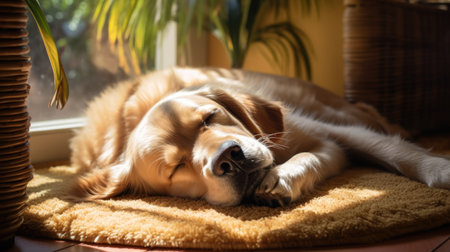 A dog laying on a rug in front of a window.の素材