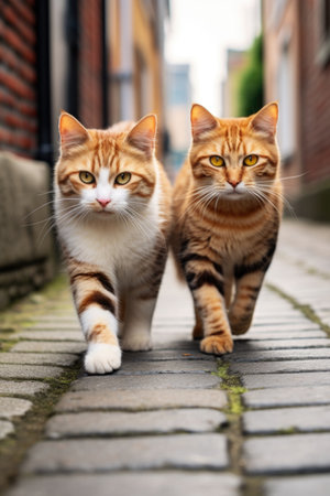 Two orange and white cats walking down a street.の素材
