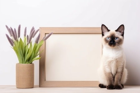 A siamese cat sitting next to a picture frame.の素材