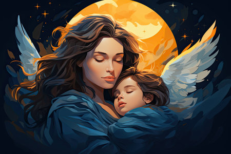 A painting of a woman holding a child. Guardian angel image.の素材