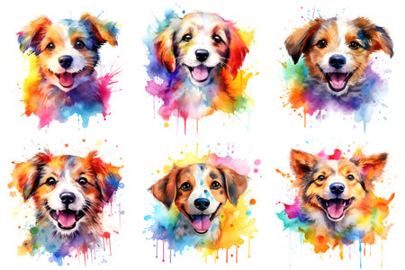 A set of six pictures of cute dogs or pups. Watercolor clipart on white background.の素材