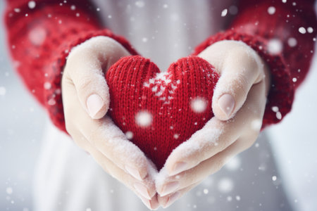 A person holding a red heart in their hands.の素材