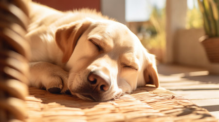 A dog is sleeping on a wicker mat.の素材