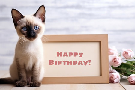 A siamese cat sitting next to a picture frame. Text, caption Happy Birthday.の素材