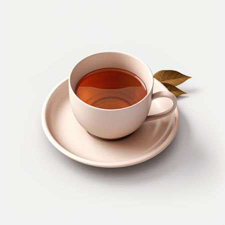 A cup of tea with a leaf on a saucer. Tasty black tea on white background.の素材