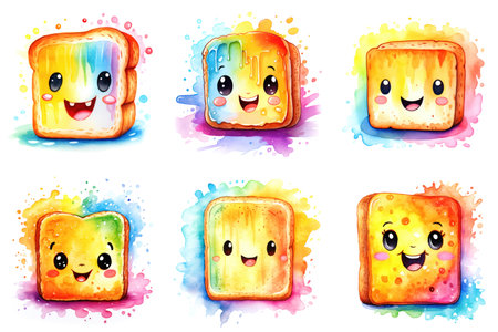A set of six cartoon toasts with different faces. Watercolor clipart on white background.の素材