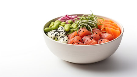 A white poke bowl filled with different types of food.の素材