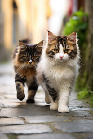 A couple of cats walking down a sidewalk.の素材