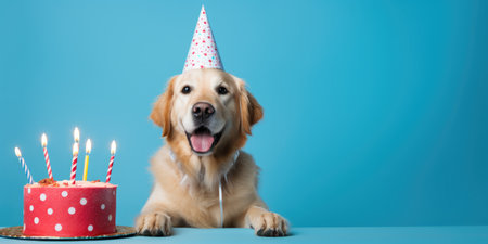 A dog sitting in front of a birthday cake.の素材