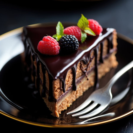 A piece of chocolate cake with raspberries on top.の素材