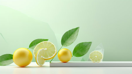 A group of lemons sitting on top of a table. Surreal fruits and glass objects.の素材