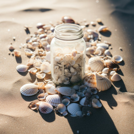A jar filled with shells on top of a sandy beach.の素材