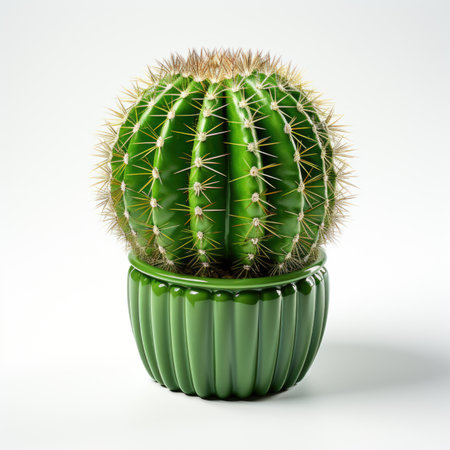 A cactus plant in a green pot on a white surface. Clipart on white background.の素材
