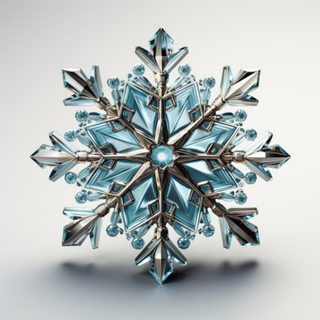 A blue crystal snowflake on a white surface.の素材