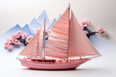 A pink model of a sailboat with mountains in the background.の素材