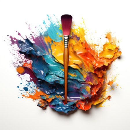 A paintbrush sitting on top of a colorful paint covered surface. Clipart on white background.の素材