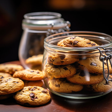 A glass jar filled with chocolate chip cookies.の素材