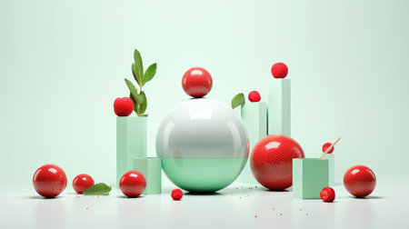 A group of red and green vases with red cherries. Surreal fruits and glass objects.の素材