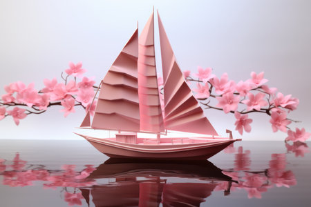 A pink paper boat floating on top of a body of water.の素材