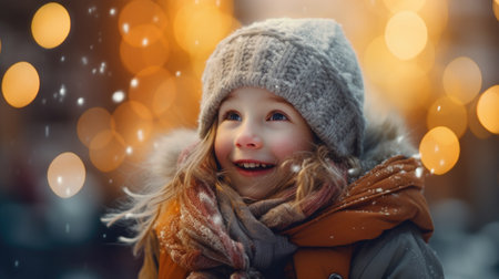 A little girl wearing a hat and scarf. Winter illumination at night.の素材