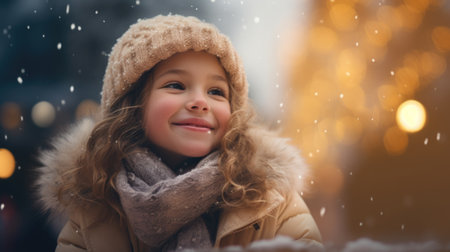 A little girl wearing a hat and scarf. Festive winter illumination at night.の素材