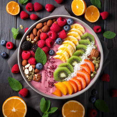 A bowl filled with fruit and nuts on top of a table.の素材