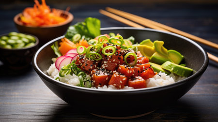 A bowl of food with chopsticks on a table.の素材