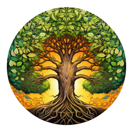 A painting of a tree in a circle.の素材