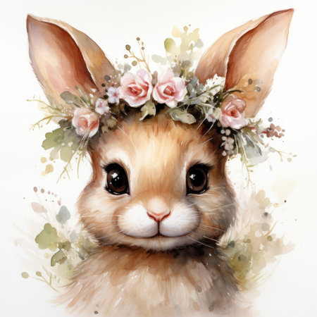 A watercolor painting of a rabbit wearing a flower wreath on its head.の素材