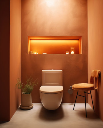 A white toilet sitting in a bathroom next to a chair.の素材