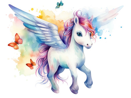 A watercolor painting of a unicorn with wings.の素材