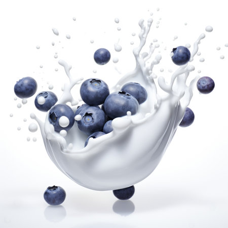 A splash of milk with blueberries in it.の素材