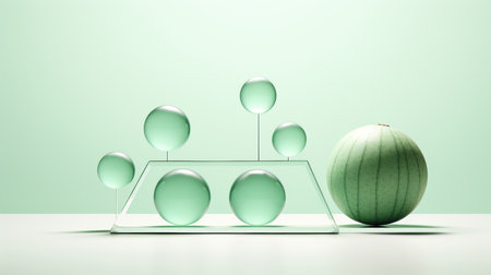 An apple and a glass object on a table. Surreal fruits and glass objects.の素材