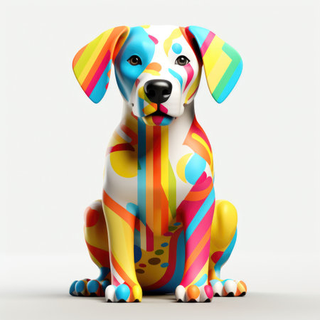 A colorful dog statue sitting on a white surface.の素材
