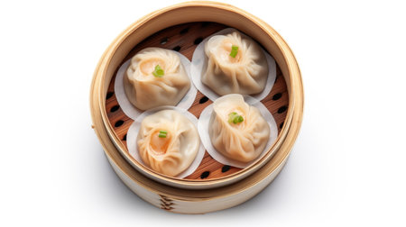 A group of dumplings sitting inside of a wooden container. Tasty dim sum.の素材