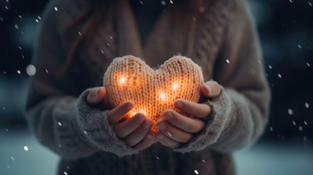 A person holding a glowing heart in their hands.の素材