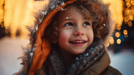 A young child wearing a winter coat and smiling. Festive winter illumination at night.の素材