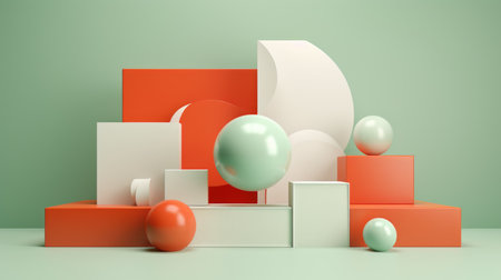 A bunch of different colored balls and cubes. Surreal fruits and glass objects.の素材