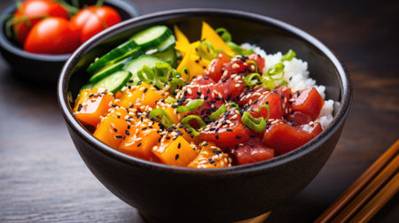 A bowl of food with chopsticks and tomatoes.の素材