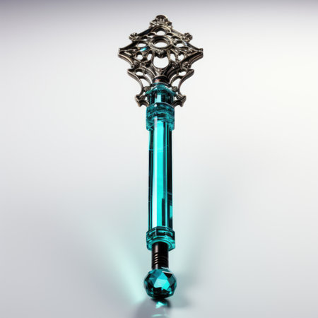 A blue glass key sitting on top of a table.の素材