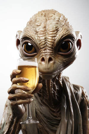 A statue of an alien holding a glass of white wine.の素材