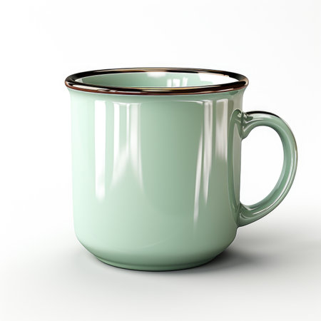 A green coffee cup with a brown rim.の素材