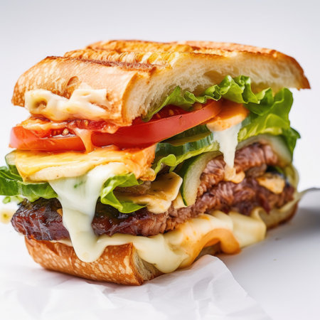 A close up of a sandwich with lettuce and tomato.の素材