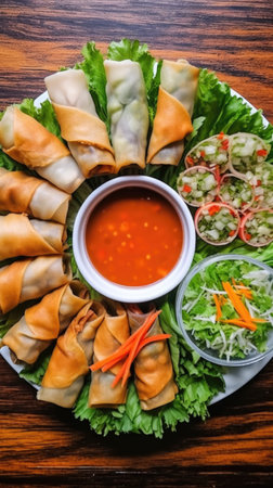 A plate of vegetable spring rolls with dipping sauce.の素材