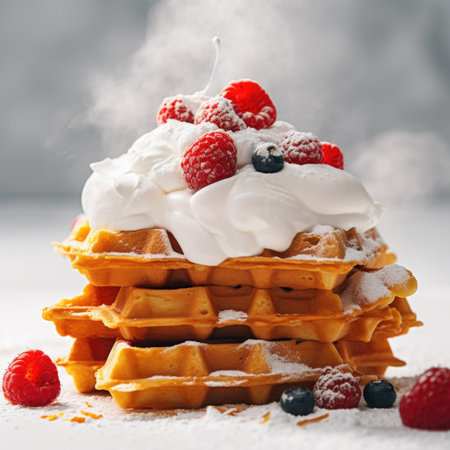 A stack of waffles topped with whipped cream and berries.の素材