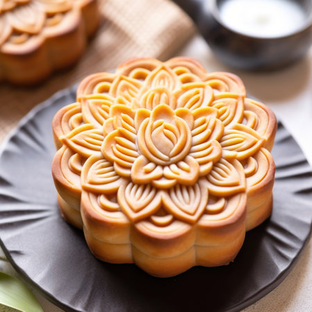 A chinese moon cake on a plate next to a cup of coffee.の素材