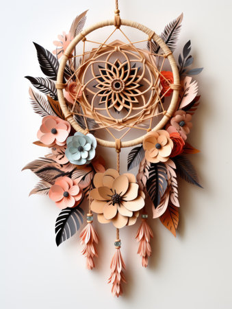 A dream catcher made of paper flowers and feathers.の素材